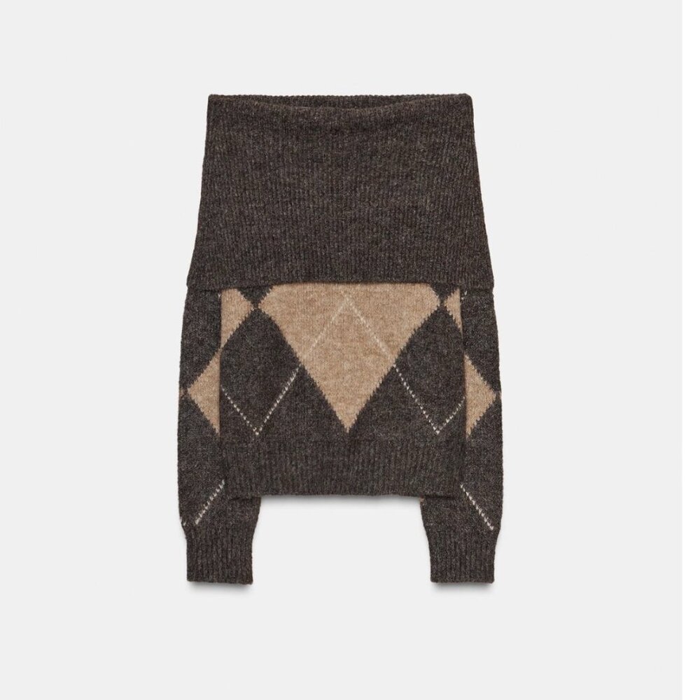Zara, ARGYLE OFF-THE-SHOULDER KNIT SWEATER, M NWOT